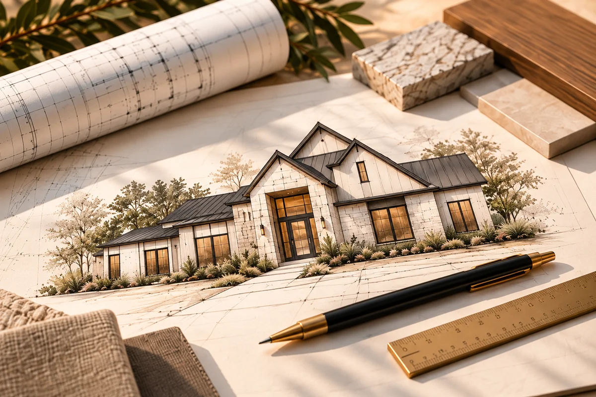 A home rendering on the drawing board with stone and timber samples