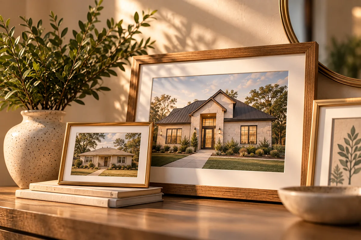 Framed home renderings resting on a console table in warm light