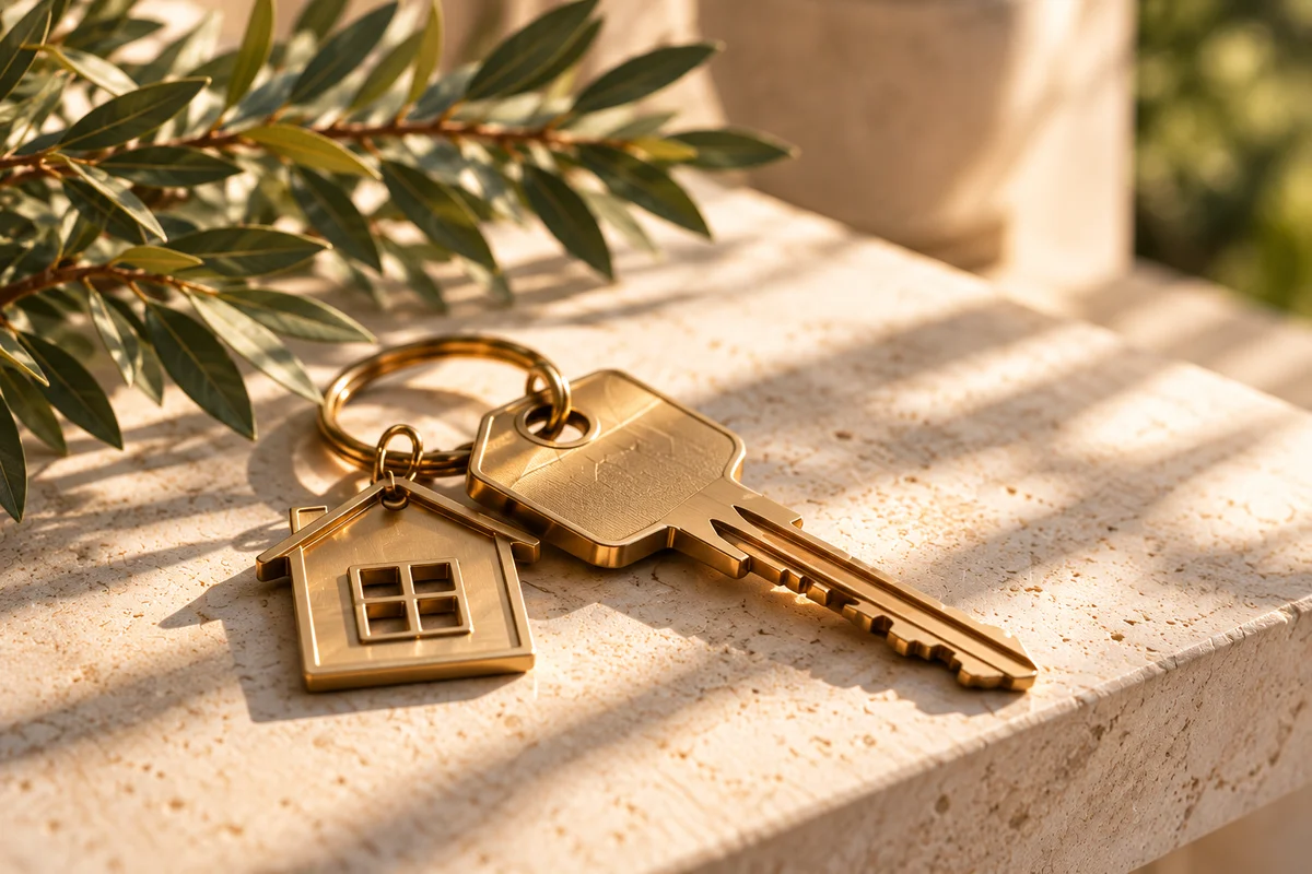 A gold house keyring resting on stone in the sun