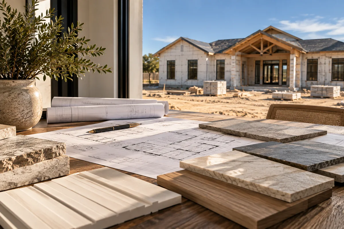 A family going through plans and material samples with their builder