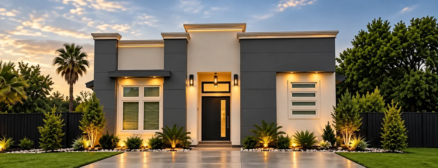 The Essential Home, a single story home with a flat roofline, stone panels and a lit entry