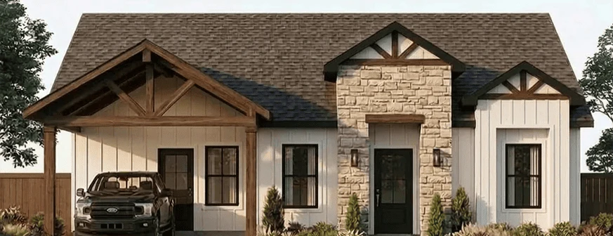 The Starter Home, a single story home with a carport and stone entry