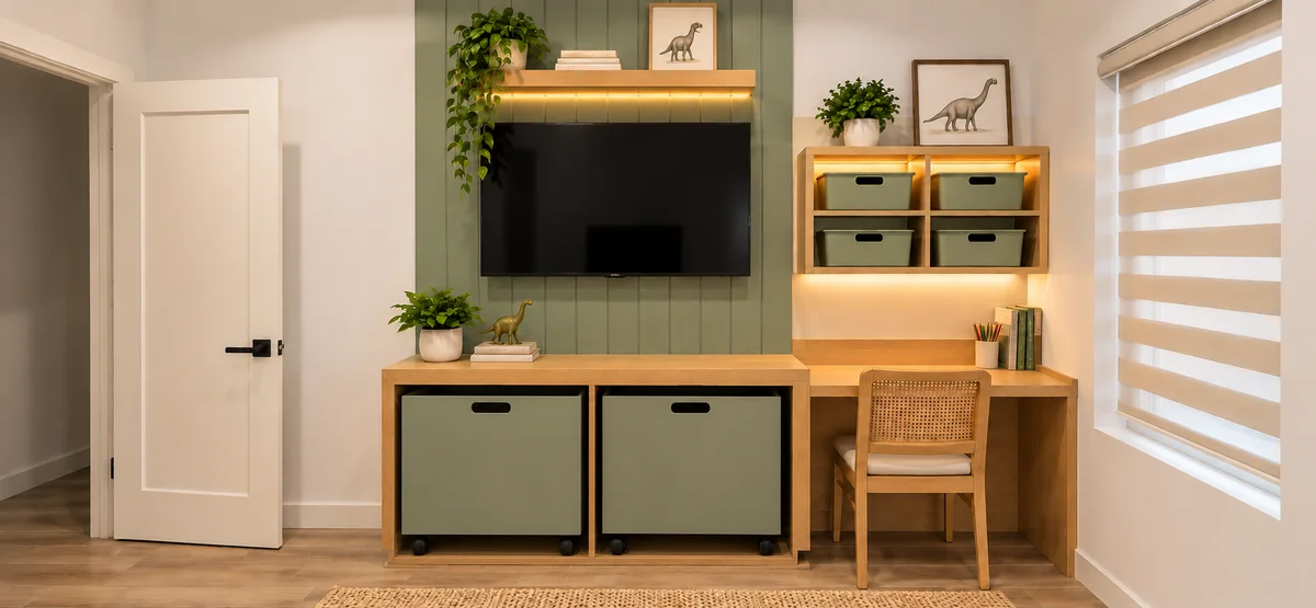 A custom kids bedroom with built-in beds